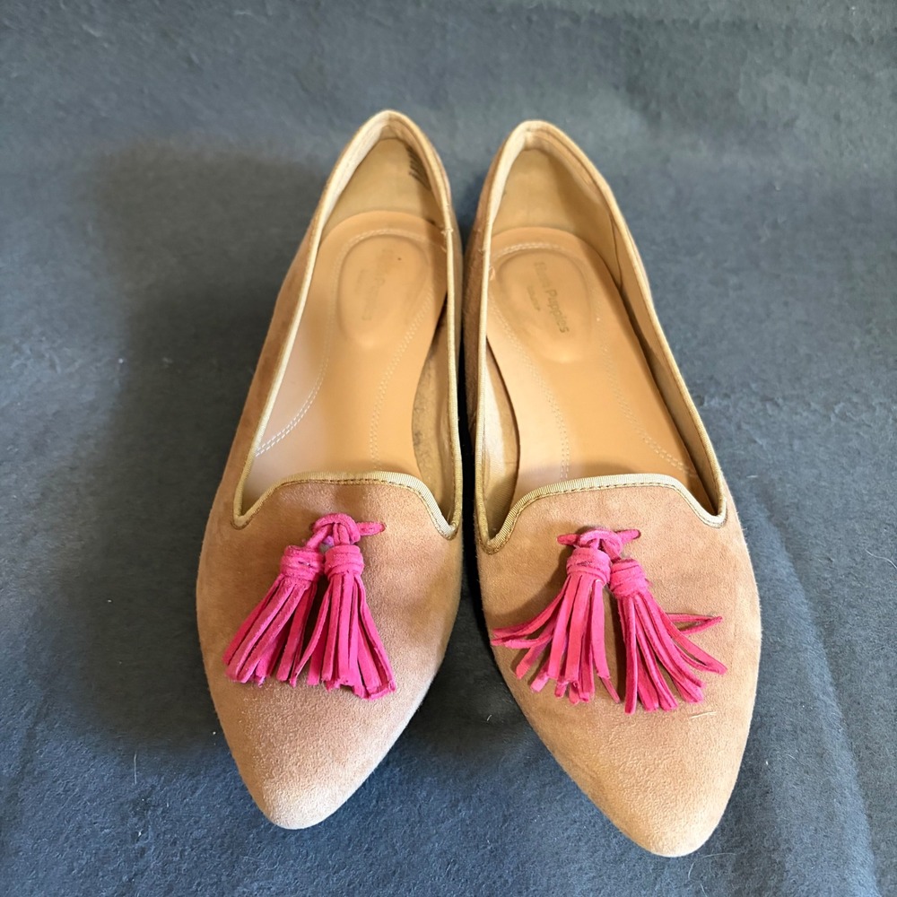 Hush Puppies Tassel Loafer Flat Womens 8 Tan Pointed Toe Suede Fall Cottage Core